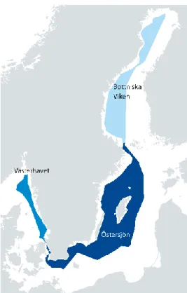 Figur 1. De tre havsplaneområdena (Havs- och vattenmyndigheten, 2018a). 