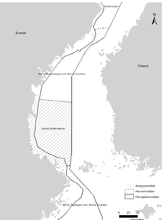 Figur 3. Orienteringskarta över Södra Bottenhavet inklusive analysområdet som omfattas av  denna rapport