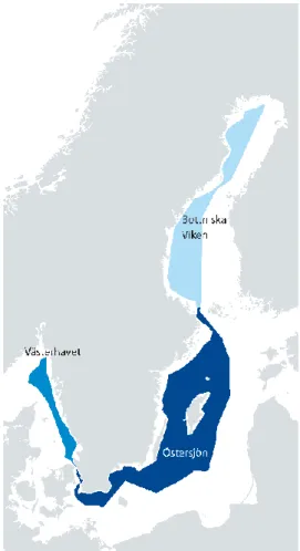Figur 1. De tre havsplaneområdena ( Havs- och vattenmyndigheten, 2018d). 
