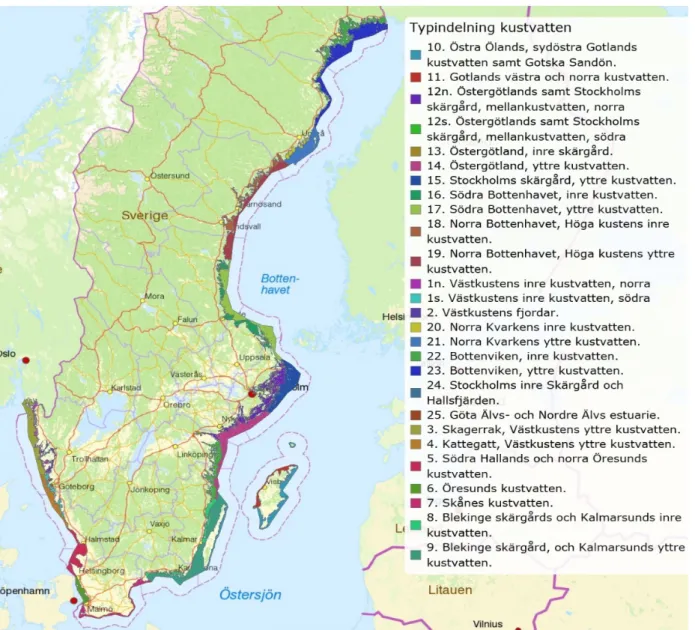 Fig. 6. The coastal sea areas of Sweden have been divided into different types.  The map illustrates the types listed in the key to signs