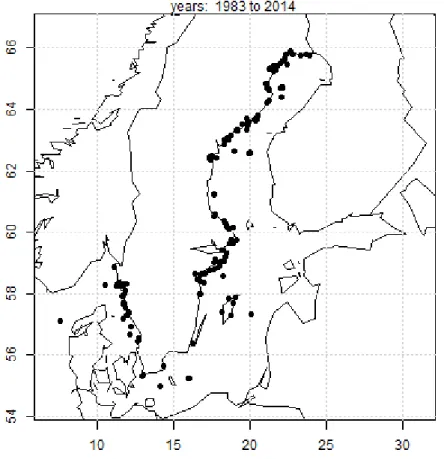 Fig. 8. The map illustrates sampling locations for the data used in Fig. 9. It is  locations where phytoplankton was analysed using microscopy and cell 