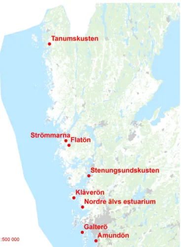 Figur 7. Områdenas lokalisering i Västra Götalands län. 
