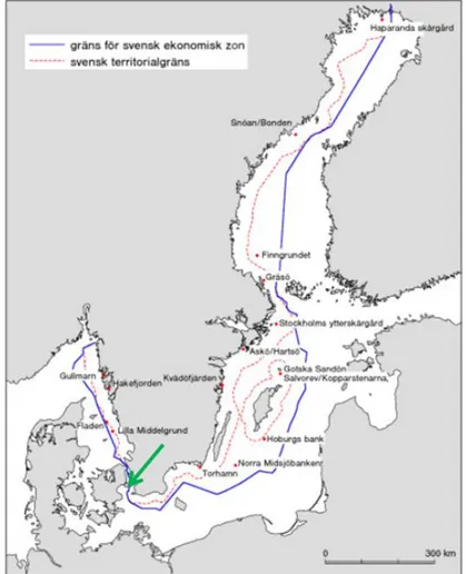 Figure 1.1. Swedish economic zone is illustrated by a blue line and the green arrow points out a  preliminary border of the management areas of the Baltic Sea and the North Sea