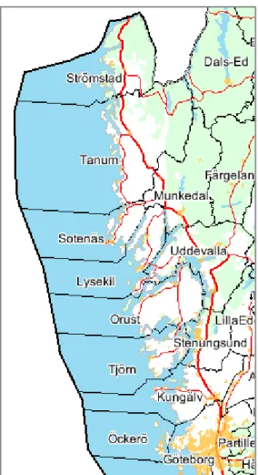 Figure 2.2. The province of Bohuslän and coastal municipalities of Bohuslän (Strömstad, Tanum,  Sotenäs, Lysekil, Uddevalla, Orust, Stenungsund, Tjörn, Kungälv, Öckerö and Göteborg (partly))