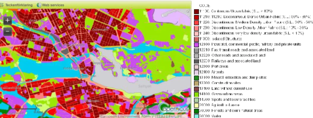 Figur 7. Centrala Stockholm enligt Copernicus landtjänstens produkt Urban Atlas 2006 