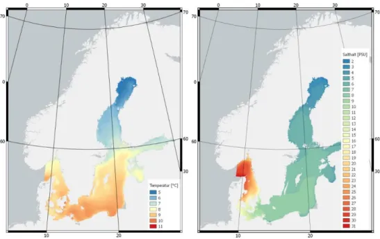 Figur 9. Klimatologiska årsmedelvärden av Östersjöns ytvatten: Modellerade 