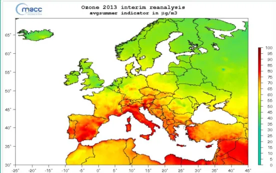 Figur 10. Beräkning av marknära ozonhalter i Europa under sommaren 2013 från en 