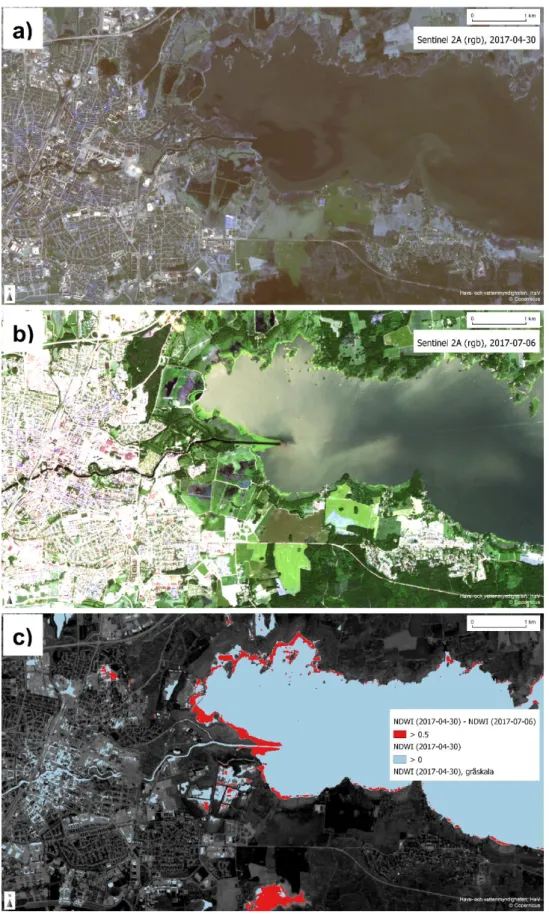 Figure 2. a) Satellite image taken by Sentinel 2A on 30 April 2017. The image shows areas of Örebro  and the western area of Lake Hjälmaren