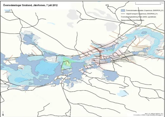 Figure 12. Satellite-based mapping of the flooded area near Järnforsen, Småland, 7 July  2012 (blue with white dots  ( Copernicus Emergency Management Service 2017e ) and MSB’s  flood risk map for the Emån (turquoise with diagonal lines, source  MSB 2017b 