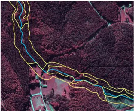 Figur 7. Exempel på kartering av markslagsgränser i vattendragets omgivning, inom en 30  m bred buffertzon