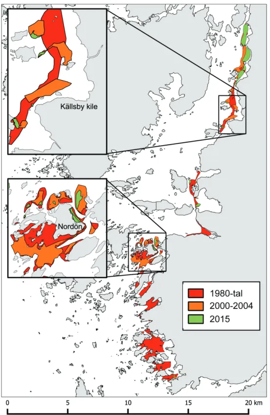 Figur 3.4. Förändringar i utbredning av ålgräs 1981–2015 i södra Bohuslän. Kartan visar  utbredning av ålgräs från Norde Älvs utlopp i söder till Stengunsund i norr som inventerades  på fastlandssidan i Kungälvs kommun och i de östra delarna av Hakefjorden