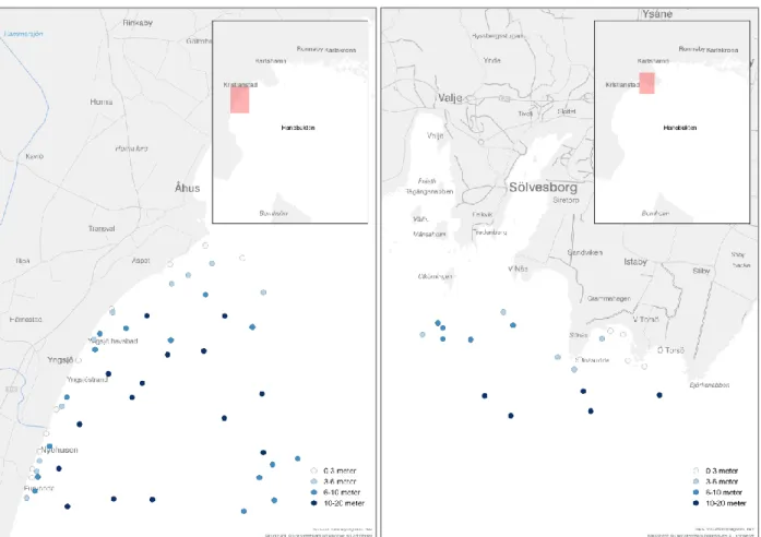 Figur 3. Kartor över provfiskestationer inom olika djupintervall (stratum) vid provfiske med nordiska  kustöversiktsnät under oktober–november i Åhus 2015-2017 och i Listerlandet 2015