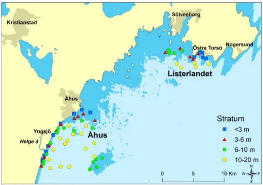 Figur 1. Karta över provfiskestationer inom olika djupintervall (stratum) vid provfiske med  nordiska kustöversiktsnät i Listerlandet och Åhus i oktober–november 2015