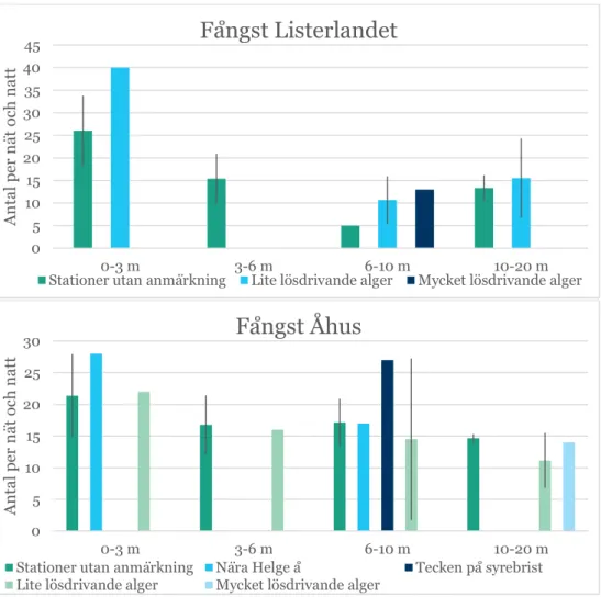 Figur 9. Fångst per ansträngning i Listerlandet (övre) och Åhus (undre) 2015. Staplarna  anger medelfångsten per nät och natt för stationer utan anmärkning och för stationer med  någon typ av anmärkning; närhet till mynningen av Helge å i Åhus, eventuella 