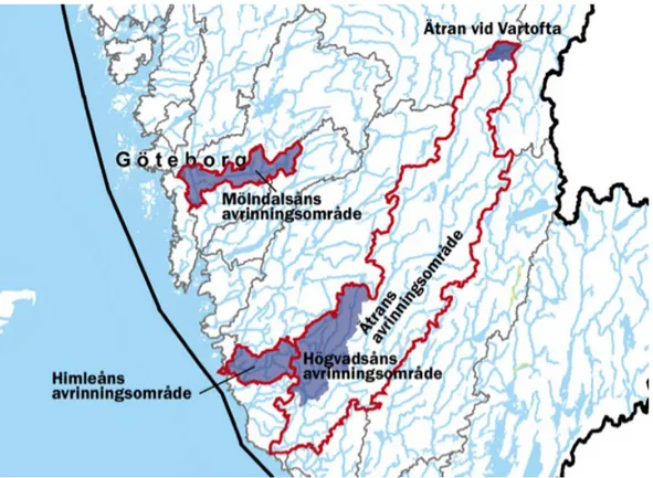 Figur 9. De fyra piloterna i de tre vattenråden Mölndalsån, Himleån och Ätran, och deras  avrinningsområden