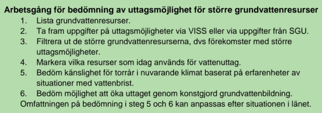 Tabell 5. Klassning av grundvattenresurser utifrån bedömd uttagsmöjlighet  Klass  Uttagsmöjlighet (l/s)  Klass 1  &lt;1  Klass 2  1-5  Klass 3  5-25  Klass 4  25-125  Klass 5  &gt;125 