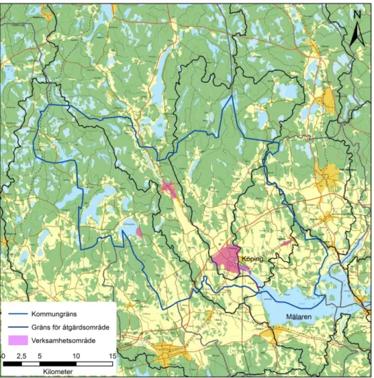 Figur 3. Köpings kommun med VA-verksamhetsområde, grannkommuner, åtgärdsområden  och nedströms vattenförekomst (Mälaren)