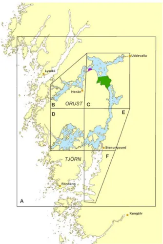 Figur 2. Karta över Åtta fjordar. Fiskeregleringarna är införda i område B-E. 