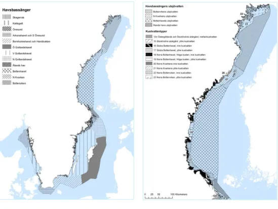 Figur 7.  Karta över bedömningsområden som motsvarar a) Nordsjöns och Östersjöns  havsbassänger och b) kustvattentyper och havsbassängernas utsjövatten i Bottniska viken