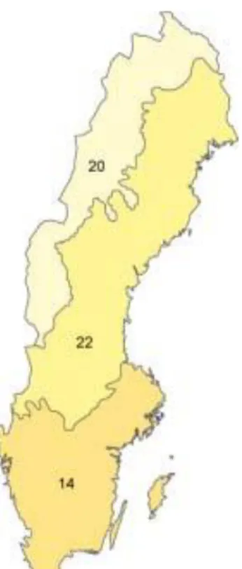 Figur 1. Illies ekoregioner, Centralslätten (14), Fennoskandiska skölden (22)  och det Boreala höglandet (20)