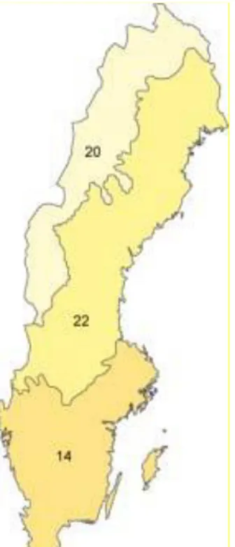 Figur 1. Illies ekoregioner, Centralslätten (14), Fennoskandiska skölden (22)  och det Boreala höglandet (20)