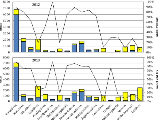 Figur 10. Fördelning av vild (blå) och odlad (gul) lax per fångstzon i kustfisket 2012 (ovan)  och 2013 (nedan)