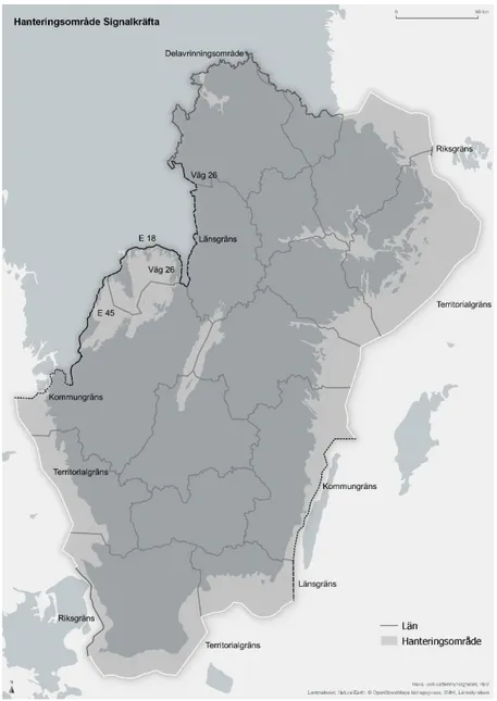 Figur 1. Kartan visar hanteringsområdet för signalkräfta. 