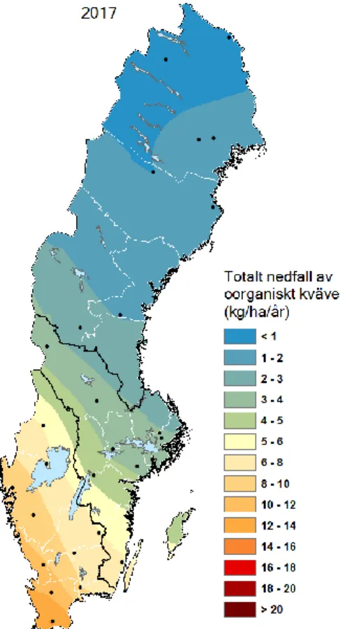 Figur 4. Karta över totalt nedfall av oorganiskt kväve till barrskog 2017. 