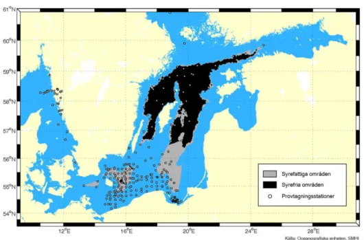 Figur 8. Karta över syrefattigt och syrefritt bottenvatten i Östersjön 2017. 