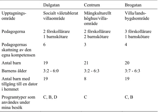 Tabell 4.1.  De tre avdelningarna 