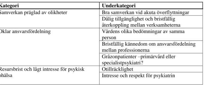 Tabell 2: Resultatets kategorier och underkategorier 