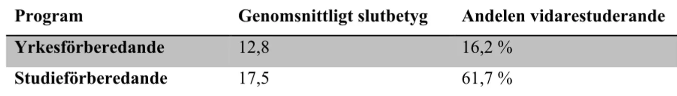 Tabell 1. Statistik kring utvalda gymnasieprogram i en medelstor stad på västkusten.  