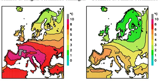 Figur 1. Beräknad ökning av medeltemperatur under sommaren i Europa år 2071-2100  Scenario 1: Högsta beräknade ökningen     Scenario 2: Minsta beräknade ökningen 