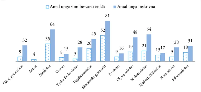 Figur 1. Antal ungdomar som har besvarat enkäten på respektive gymnasieskola. 