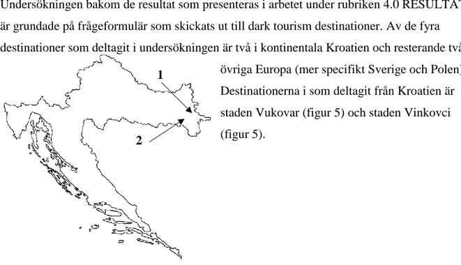 Figur 5: Visar vart Vukovar (1) och Vinkovci (2) geografiskt ligger i Kroatien