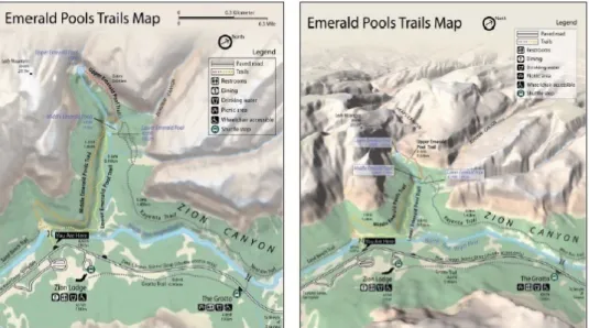 Figur 2. På den vänstra sidan syns 2D-kartan och på den högra 3D-kartan. 