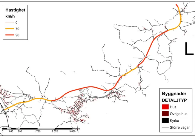 Figur 2. Hastighet samt fastighetsdata över den undersökta sträckan på väg 743  (Lantmäteriverket, 2008)