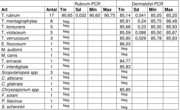 Tabell IV.  Tabellen visar resultaten av smältpunktsanalysen av svampstammarna. Alla isolat är analyserade i  både rubrum- och dermatofyt-PCR
