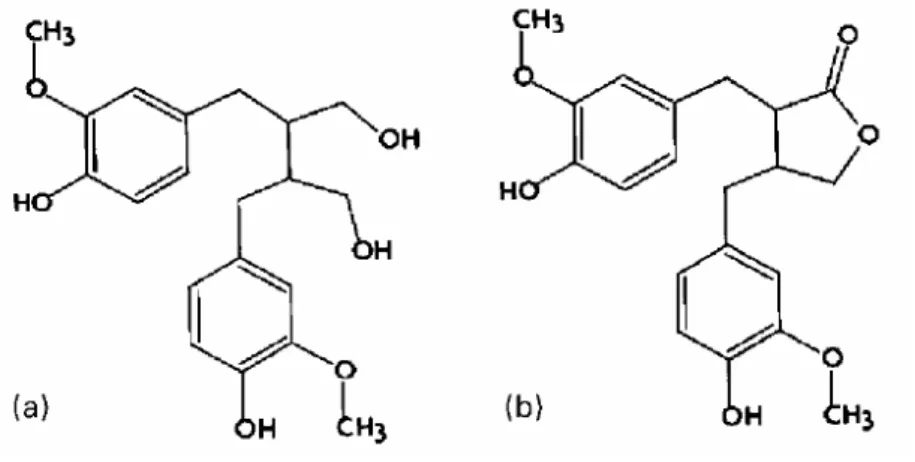 Fig 6. Strukturer över a) seco-isolariciresinol och b) matairesinol (6 med tillstånd från Dr