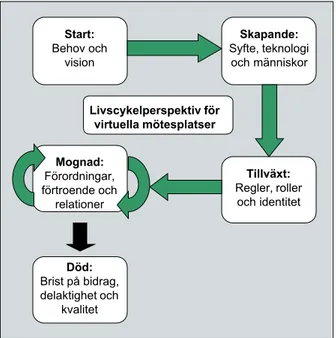 Figur 2.3. Illustrerar en livscykel för en virtuell mötesplats. (Iriberri &amp; Leroy, 2009) 