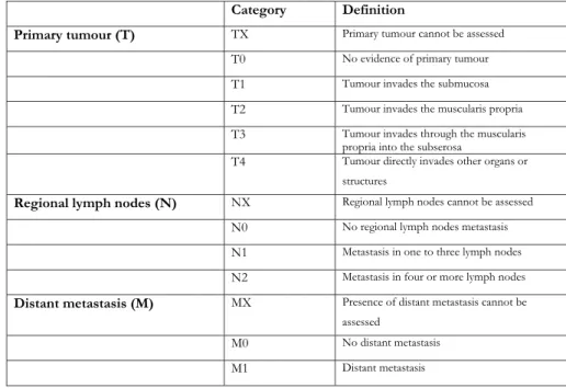 Table 2. TNM-system (Tumour, Node, Metastasis) according to American Joint Committee on Cancer and the 