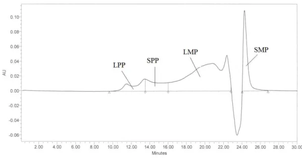 Figur 4. Example of a chromatogram from SE-HPLC for SDS-unextractable proteins. (LPP = large  polymeric proteins, SPP = small polymeric proteins, LMP = large monomeric proteins, SMP = small  monomeric proteins) 