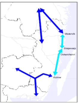 Figur 5.1. Alternativ UA energi, järnvägssträckorna Linköping – Västervik – Simpevarp -  Oskarshamn-Kalmar (Regionförbundet i Oskarshamn-Kalmar län 2006:1).