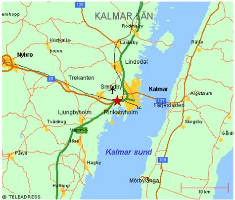 Figur 2.  Läget för våtmarken Kalmar Dämme i sydvästra delen av  Kalmar och strax söder om flygplatsen