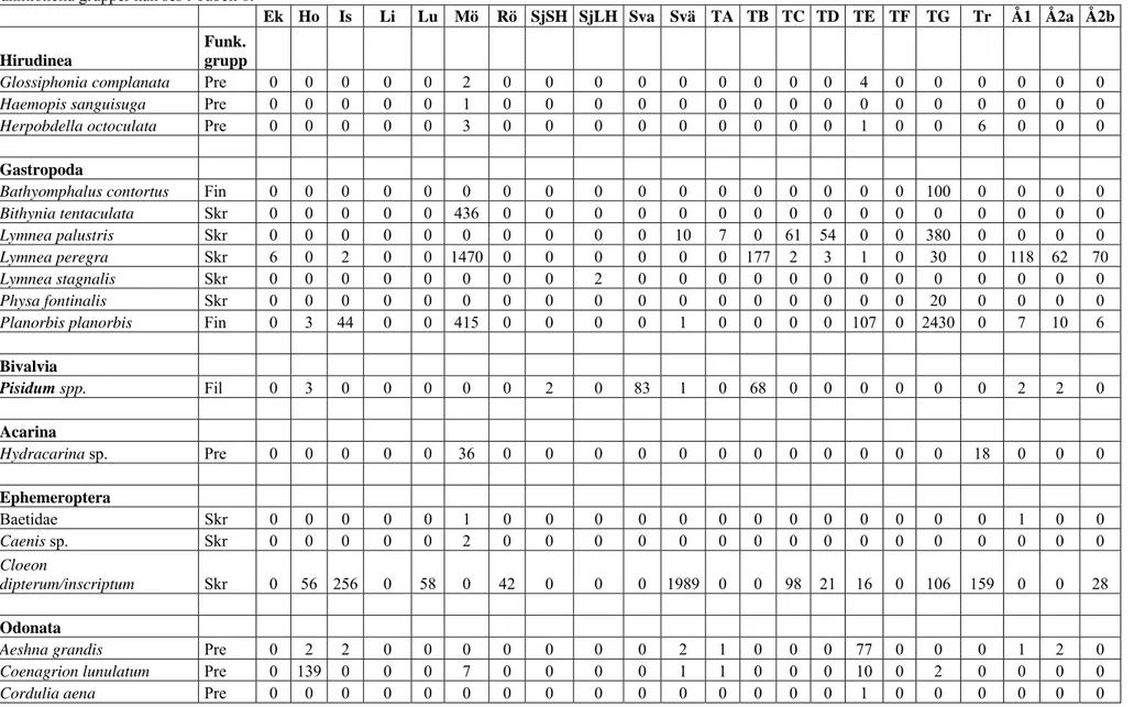 Tabell 7. Abundans, artantal och funktionell gruppering av bottenfauna. Abundansen är omräknad till provtagningstiden 2 min 30 sek