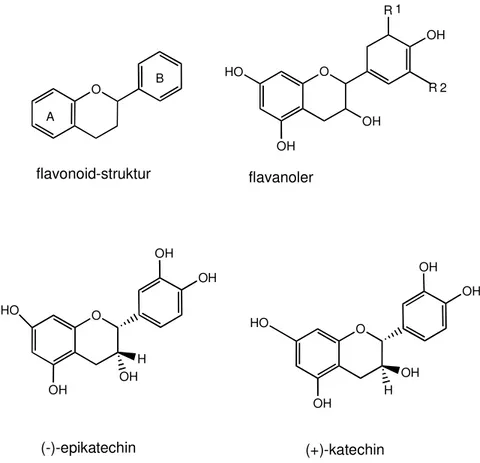 Figur 1: Strukturmodeller av flavanoid, flavanoler, (-)-epikatekin och (+)-katekin 
