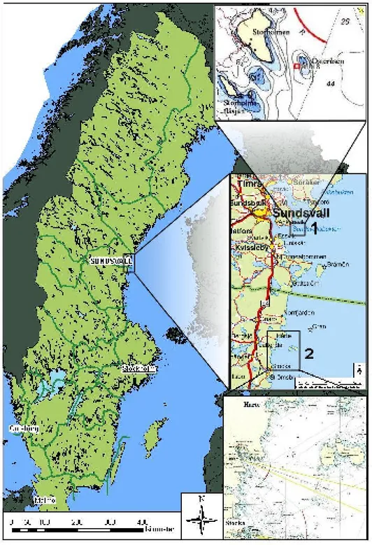 Figur 1. Karta över Sverige med försöksområde ett och två utmärkta. I den mellersta rutan finns en förstoring  över området där båda undersökningsområdena finns utmärkta