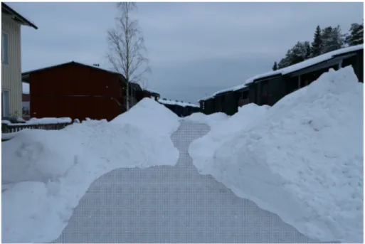 Figure 3. A residential street in Luleå in winter, with the usable area for soft-mobility indicated with  the shading