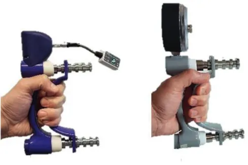 Figure 5. The hand grip dynamometers used in this thesis; the E-LINK (left) and Jamar (right) 