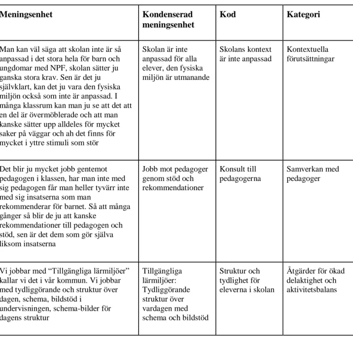 Tabell 1. Exempel på kategorisering 